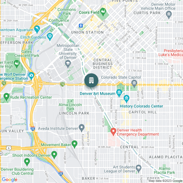 Map of Parkway Office Centre (dba Vibe Arts District), a Office real estate investment opportunity in Denver, CO listed on the CrowdStreet Marketplace. 