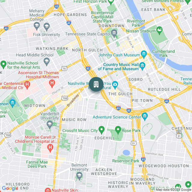 Map of Virgin Hotels Nashville, a Hotel / Hospitality real estate investment opportunity in Nashville, TN listed on the CrowdStreet Marketplace. 